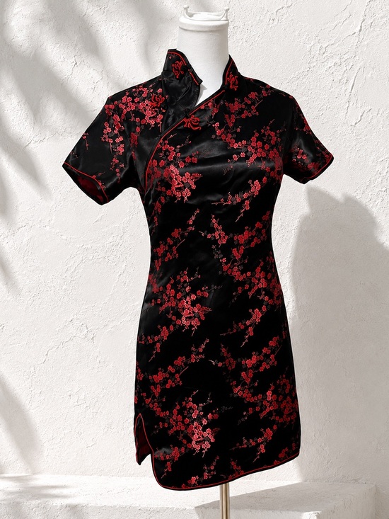 Dresses & Skirts - Black Red Floral Cheongsam Dress Satin Qipao Mini Goth Style